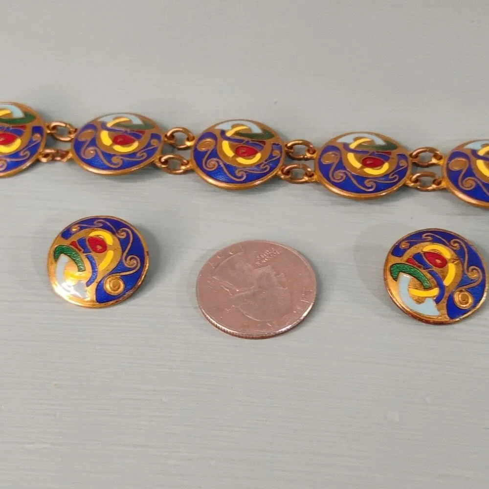 Vintage Made in Ireland Enamel/Cloisonne Bracelet & Clip-On Earrings